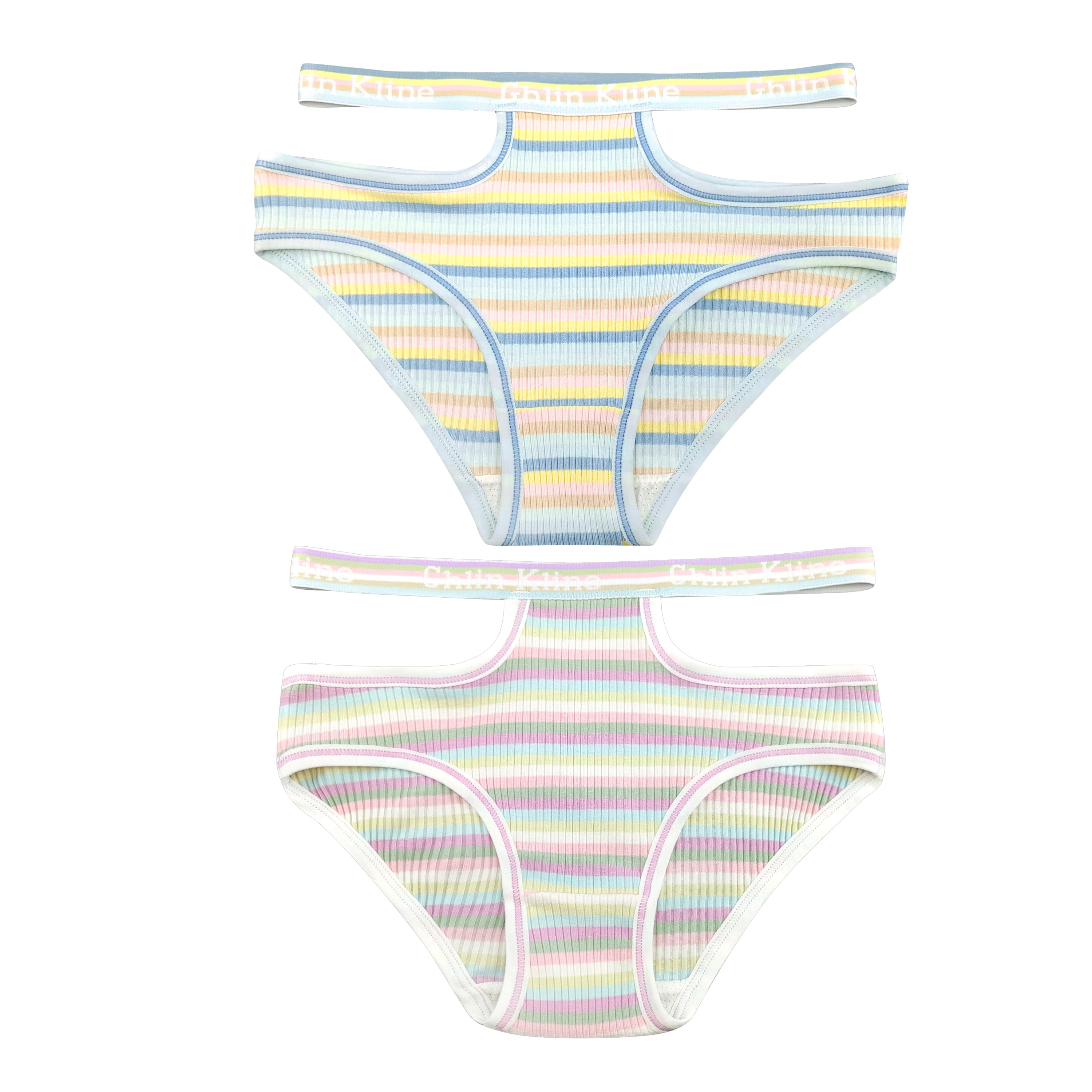 Women's Underwear Lingerie Panties Cotton Hollow Out Rainbow Stripe Lady Brief 2 Pack